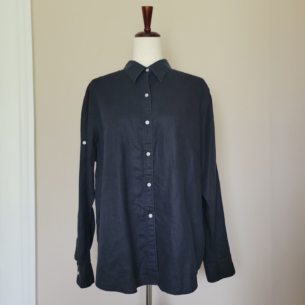 Ralph Lauren Linen Black Button Up Top Womens Sz XL Long Sleeves Roll Tab Y2K